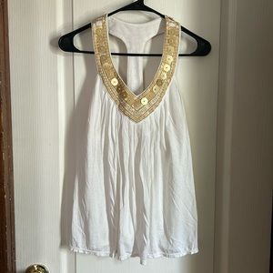White & gold T back top, built in bra